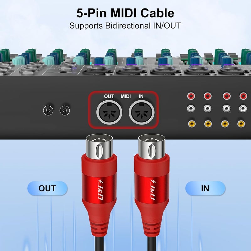 JD 5-Pin DIN MIDI Cable, Male to Male Cables Compatible with Keyboard, Synthesizer, Guitar Multi Effects, Audio Interface/Mixer/Amplifier, External Sound Card (Red, 10 Feet) - Image 2